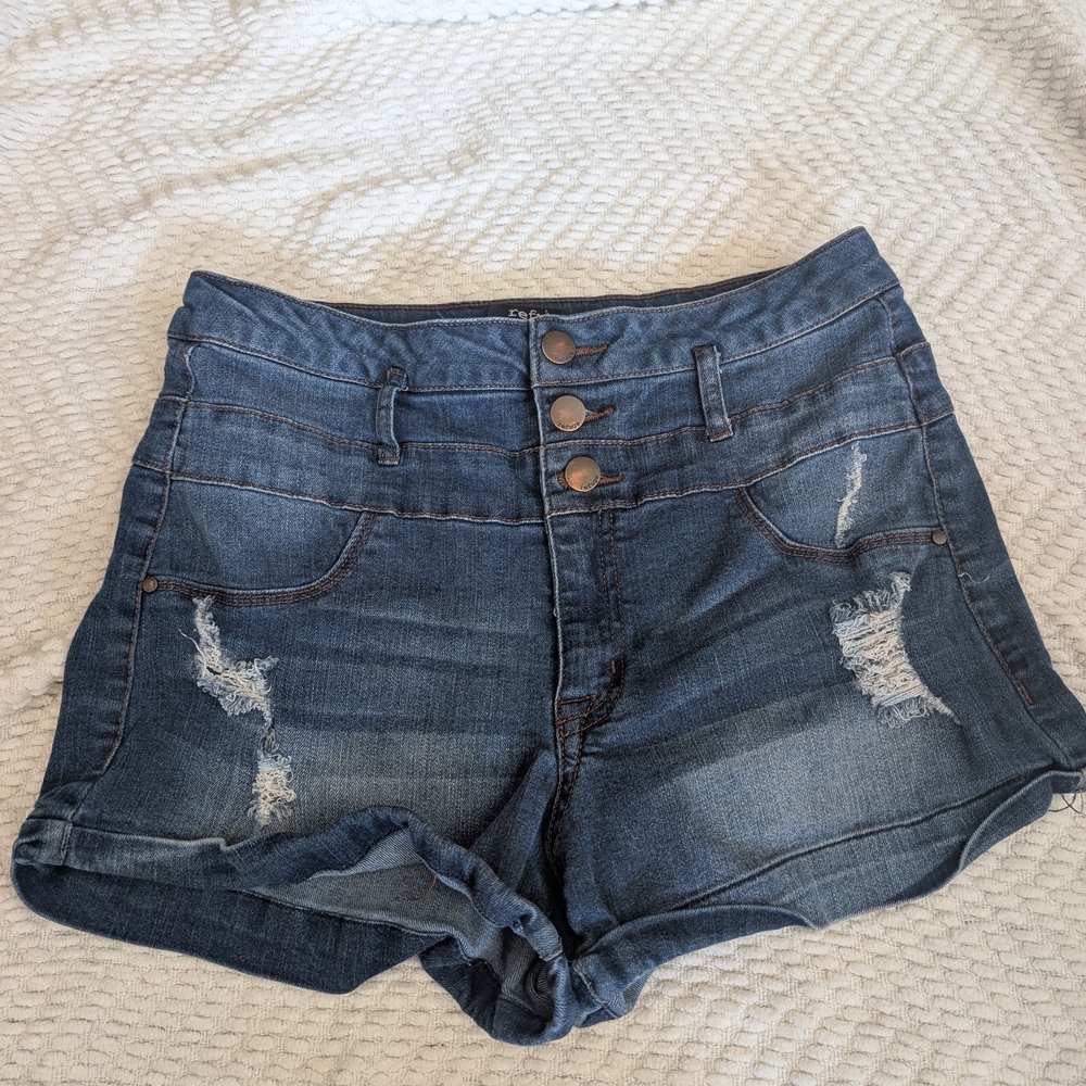 refuge Distressed Dark Blue High-Rise Denim Shorts